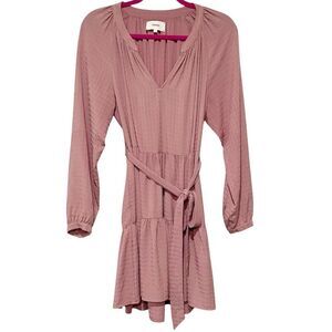 Women's XiRENA Pale Pink Balloon Sleeve V Neck Short Tiered Belted Dress S Boho